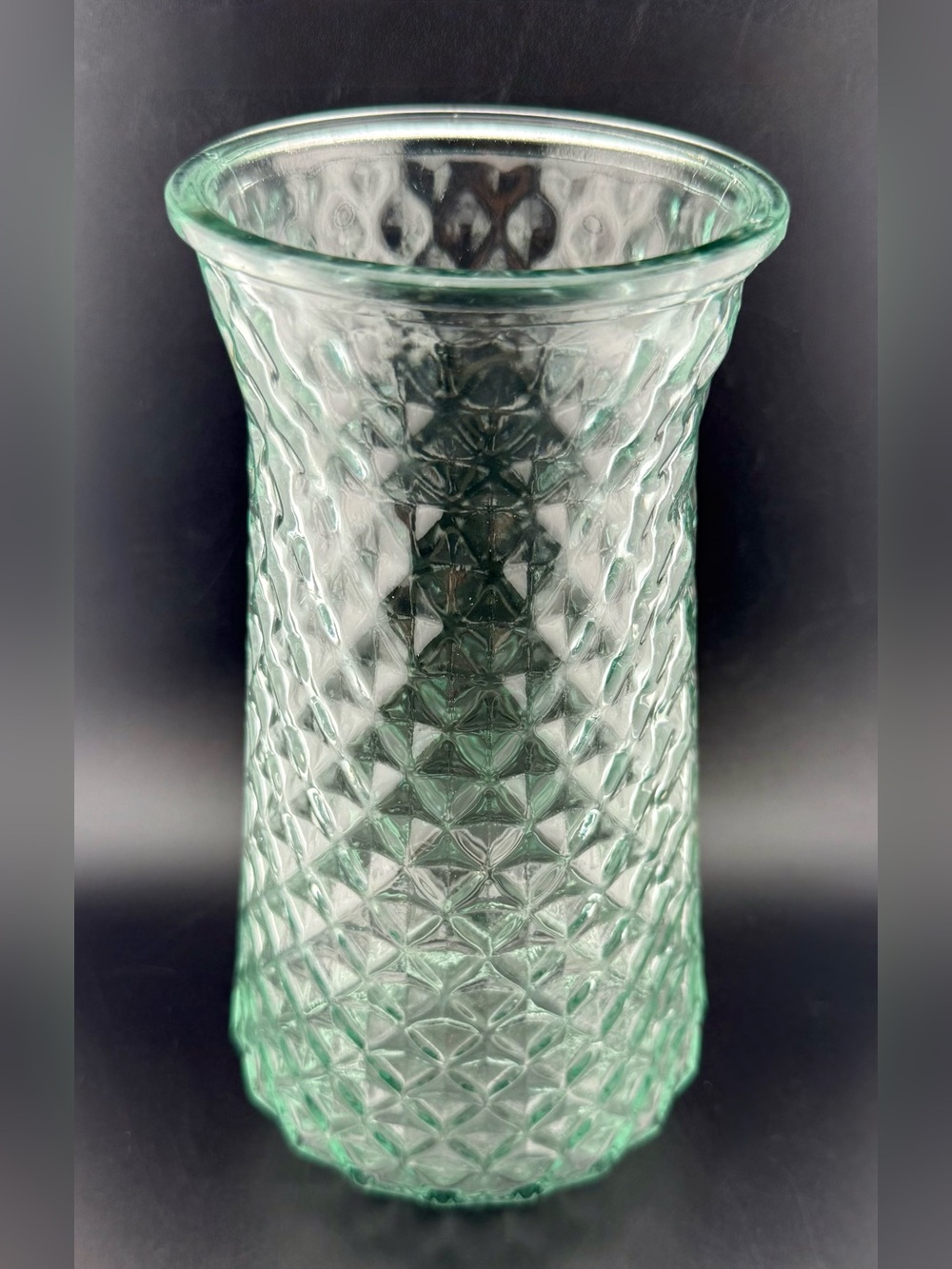 Paula DPS Diamond Pattern glass vase. 9” slight green tint.